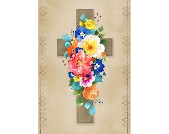 Faith Cross Quilt Panel Khaki 24” Digital Print by Clothworks - Designer Heatherlee Chan CLTY3728-12