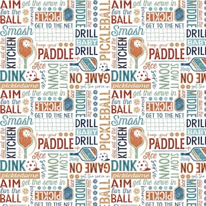 Pickleball Champ Fabric - 4-Way Text in White - P&B Textiles - Pickleball Cotton Quilt Fabric