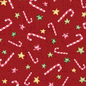 May include: A seamless pattern featuring red and white candy canes and yellow and green stars on a red background.