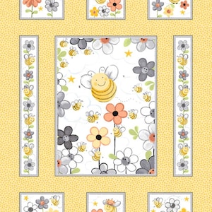 Sweet Bees Quilt Panel - Honey Bee and Flowers Cotton Fabric by World of Susybee