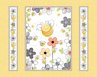 Sweet Bees Quilt Panel - Honey Bee and Flowers Cotton Fabric by World of Susybee