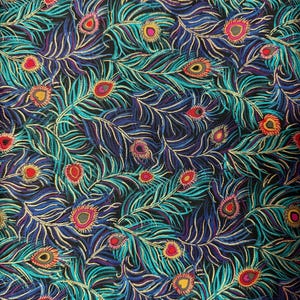 Timeless Treasures Peacock Feather Vintage Fabric - 100% Cotton Quilt Fabric - Metallic Accents - Copyright 1998