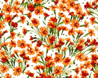CLEARANCE! Floral Fabric Orange Packed - Bloom On - Cotton Fabric by Maywood Studio