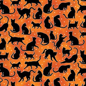 Black Cats on Orange Glow in the Dark Halloween Fabric - Spooktacular Cats -  Cotton Fabric by Benartex Kanvas Studio