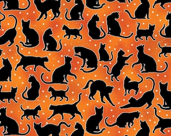 Glow in the Dark Halloween Fabric – Black Cats on Orange Cotton