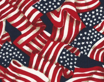 American Flag Cotton Fabric – Waving Patriotic Print, Red White Blue Quilting Material