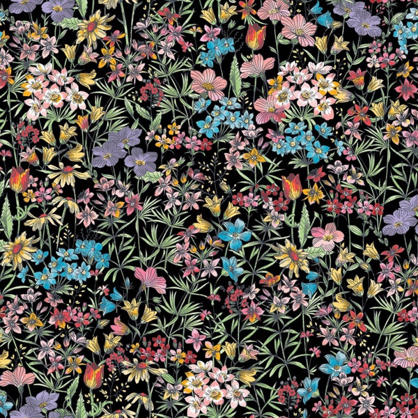 CLEARANCE! Meadow Edge Floral Cotton Quilt Fabric on Black - Small Packed Flowers - Romantic Floral Print by Maywood Studio