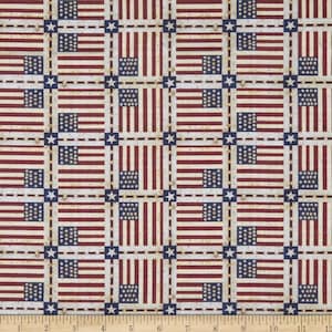 May include: A red, white, and blue fabric with a repeating pattern of American flags. The flags are arranged in a grid pattern and have a distressed, vintage look.