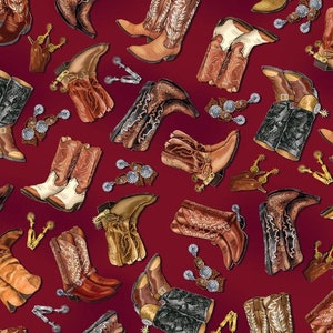 Yellowstone Cowboy Boots Fabric in Red - 100% Cotton Fabric - Cowgirl, Rodeo Fabric - Benartex - Kanvas Studio