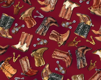 Yellowstone Cowboy Boots Fabric in Red - 100% Cotton Fabric - Cowgirl, Rodeo Fabric - Benartex - Kanvas Studio
