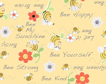 Sweet Bees Honey Bee Words and Flowers Cotton Quilt Fabric by World of Susybee
