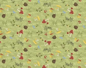 CLEARANCE!! Woodland Forest Botanical Toss Cotton Fabric in Green by 3 Wishes Fabric - You Light My Way Gnome Designer Deane Beasley