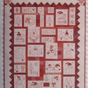 May include: A quilt pattern titled The Stitch Connection #209 Holiday Redwork Machine Embroidery. The design features red and white blocks with holiday motifs like snowmen, trees, and text including NOEL, HO HO HO, and LET IT SNOW. Measures 41 by 53 inches.