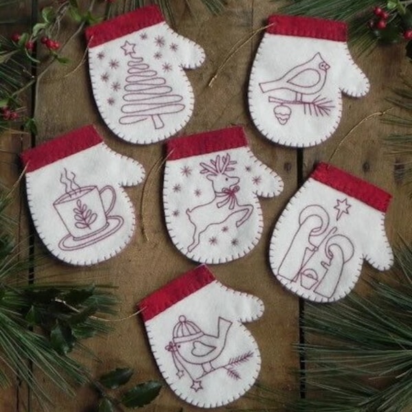 Christmas Ornament Kit - Redwork Mittens Craft Kit - Pattern AND Materials Included - Makes 6 Ornaments - Felt Embroidery Kit