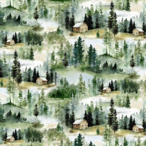 Tessuto per trapuntatura Misty Vistas Misty Forest con stampa integrale - Tessuto con paesaggio forestale al 100% in cotone - Cabins di PB Textiles - Katrina Pete