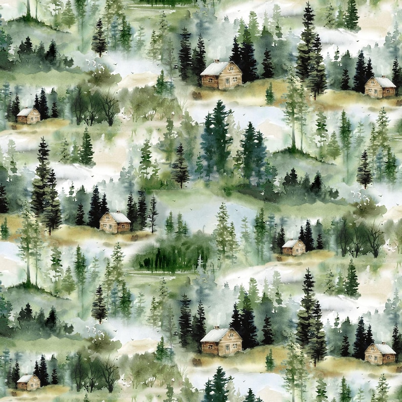 May include: A watercolor painting of a forest scene with small wooden cabins nestled among the trees. The trees are painted in shades of green and blue, and the cabins are painted in shades of brown and white.