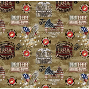 May include: A repeating pattern featuring patriotic symbols and text associated with the U.S. Marine Corps. The design includes eagles, flags, and phrases like "Respect American Freedom" and "Protect Honor Duty" in a tan and brown color scheme.
