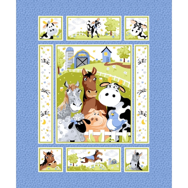Barnyard Blues Farm Animal Quilt Panel - 36” Quilt Panel - Cotton Fabric by World of Susybee