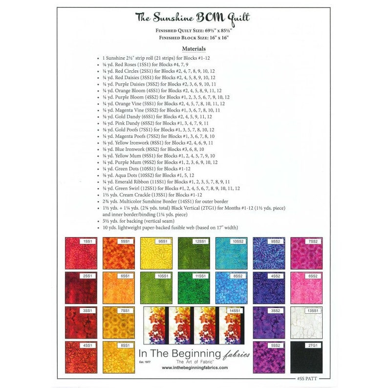 Op de afbeelding: Een quiltpatroon voor een zonnige quilt met 12 blokken. Elk blok heeft een andere kleur en een ander bloemenontwerp. Het patroon bevat een lijst met materialen en stofeisen voor elk blok. Het patroon is getiteld "The Sunshine BOM Quilt".