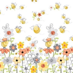 Sweet Bees Border Print Honey Bee and Flowers Cotton Quilt Fabric by World of Susybee