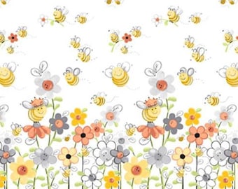 Sweet Bees Border Print Honey Bee and Flowers Cotton Quilt Fabric by World of Susybee