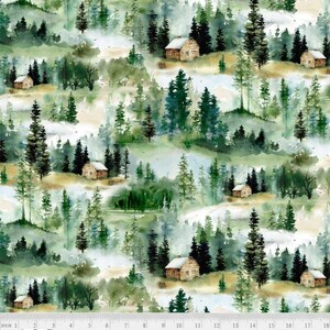 May include: Watercolor painting of a forest scene with small wooden cabins. The painting features a variety of green trees and a light blue sky with white clouds. The cabins are scattered throughout the forest and are surrounded by trees.