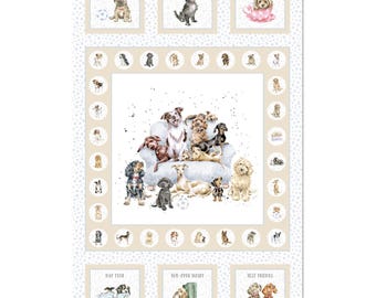 Whiskers & Paws Dog Quilt Panel 27&quot; by Maywood Studio Cotton Quilt Fabric - Designer Hannah Dale - MAS10415-W