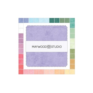 May include: A square image featuring a color palette with a central lavender fabric swatch. The fabric is framed by a border of various color swatches, ranging from light blue to green and pink to orange. The text "MAYWOOD STUDIO" is printed on a white band across the fabric.