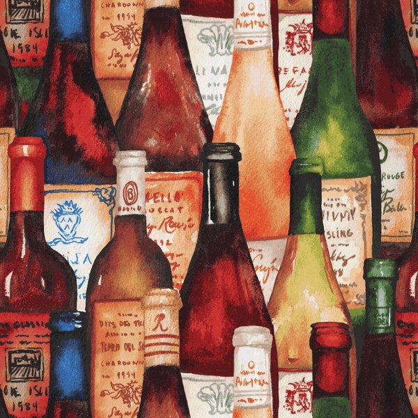 CLEARANCE! After Five Packed Wine Bottles by Marybeth Baker for Henry Glass - 100% Cotton - Wine Fabric