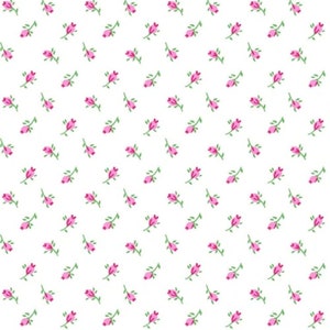 May include: A seamless pattern featuring small pink flowers with green stems on a white background.