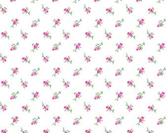 Tiny Pink Rosebud Primrose  FLANNEL on White Fabric - Comfy  Flannel Prints Cotton Fabric by A.E. Nathan Company