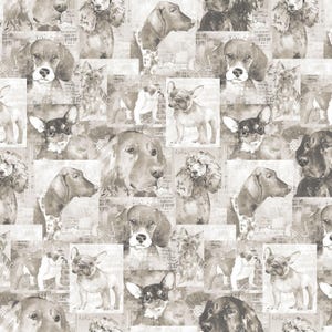 May include: A seamless pattern featuring various breeds of dogs in black and white. The dogs are depicted in a vintage style, with a textured background.