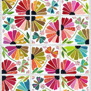 Garden Party Appliqué Quilt Pattern by Laura Heine Fiberworks - Finished Size 66” x 87” - Flowers, Floral Quilt Pattern