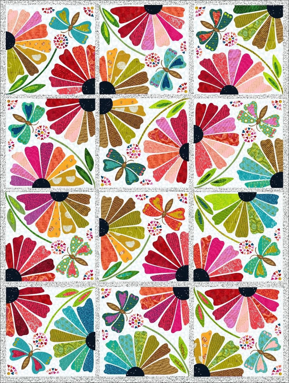 Garden Party Appliqué Quilt Pattern by Laura Heine Fiberworks - Finished Size 66” x 87” - Flowers, Floral Quilt Pattern