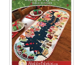 CHRISTMAS EVE Table Runner Applique Quilt Pattern by Shabby Fabrics - Christmas Village Santa amd Reindeer Night Sky Scene
