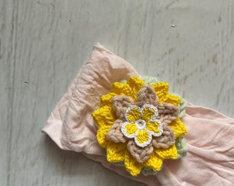 Newborn Wide Headband with Crocheted Flowers