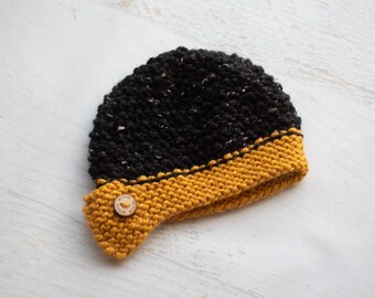 Button Hat, Hat with Button, Winter Hat -- Merry Gold + Starry Night