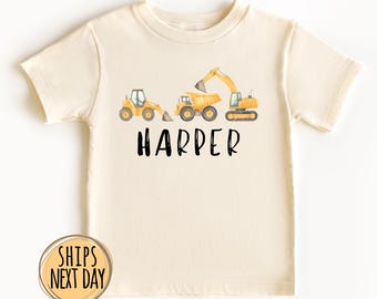 Custom Name Construction Vehicles Shirt, Excavator Shirt, Truck Kids Shirt, Dump Truck Shirt, Toddler Shirt, Construction Kids Shirt