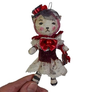 Handmade Spun Cotton Wool Ornaments – Handmade Magic, Cat#132  in a festive dress in a hat. Vintage-inspired, an old craft technique,