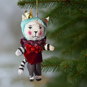 Handmade Cat-Prince with striped tail and gold colored metal crown#147 Handmade Spun Cotton ornament, an old craft technique, vintage style
