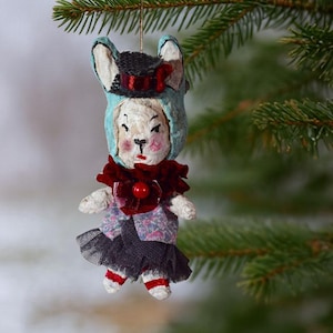 Handmade Spun Cotton Wool Ornaments– Handmade Magic, Bunny#148 in tulle skirt. Vintage-inspired Spun Cotton ornament, an old craft technique