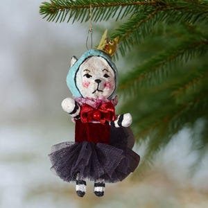 Handmade Cat-Princess with striped tail and gold colored metal crown#144  Spun Cotton ornament, Vintage-inspired, an old craft technique.
