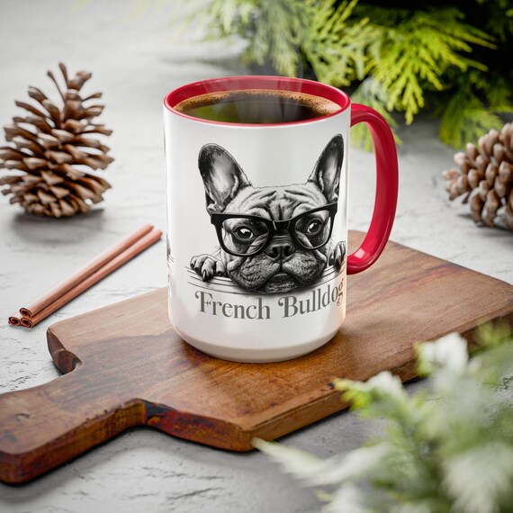 Large Coffee Mug Adorable Black and White French Bulldog Illustration with Glasses Perfect for Dog Lovers and Fun Gifts