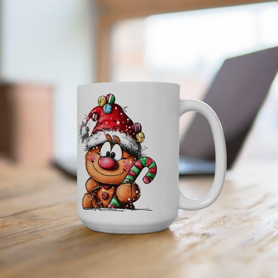 Cute Christmas Gingerbread Coffee Mug 15oz  Festive Holiday Mug with Santa Hat  Candy Cane Cozy Winter Gift