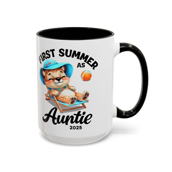 Large Coffee Mug First Summer as Auntie 2025, Cute Leopard Design, 15oz Mug