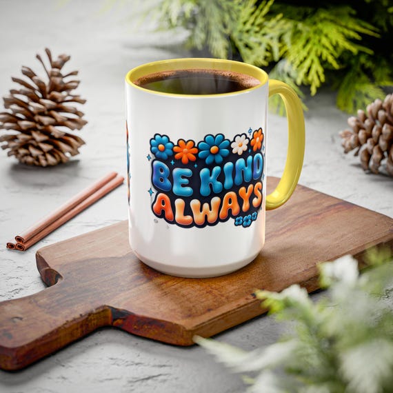 Large Coffee Mug Be Kind Always Retro Floral Design with Vibrant Colors Perfect for Motivational and Thoughtful Gifts