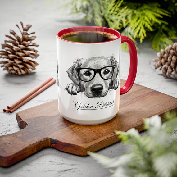 Large Coffee Mug Adorable Black and White Golden Retriever Illustration with Glasses Perfect for Dog Lovers and Pet Gifts