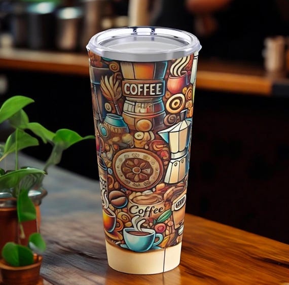 20oz Coffee Tumbler  Vibrant Coffee Lovers Collage  Insulated Travel Mug with Lid and Straw