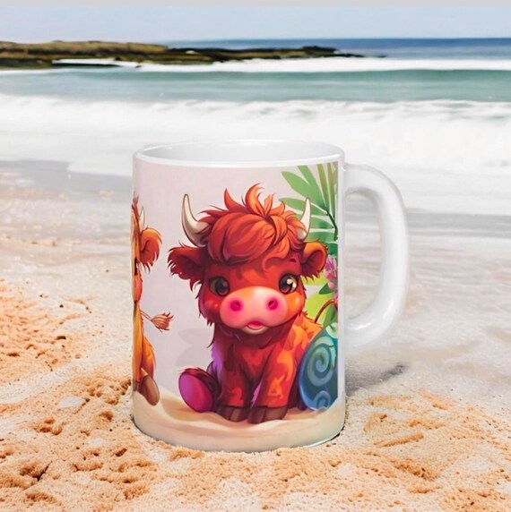 Beach Day Highland Cow Trio Coffee Mug - 11oz & 15oz Ceramic Mug