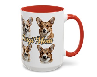 May include: White ceramic mug with a red interior and handle. The mug features four illustrations of Corgi dogs and the text "Corgi Mom" in gold script. The mug is a standard size for coffee or tea.